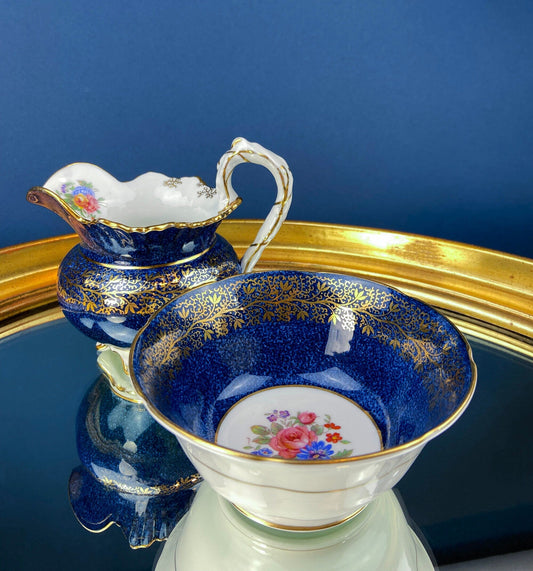 Vintage Aynsley Creamer and Sugar Bowl.  Blue and Gold, with Hand Painted Bouquet of Flowers. Fine Bone China.