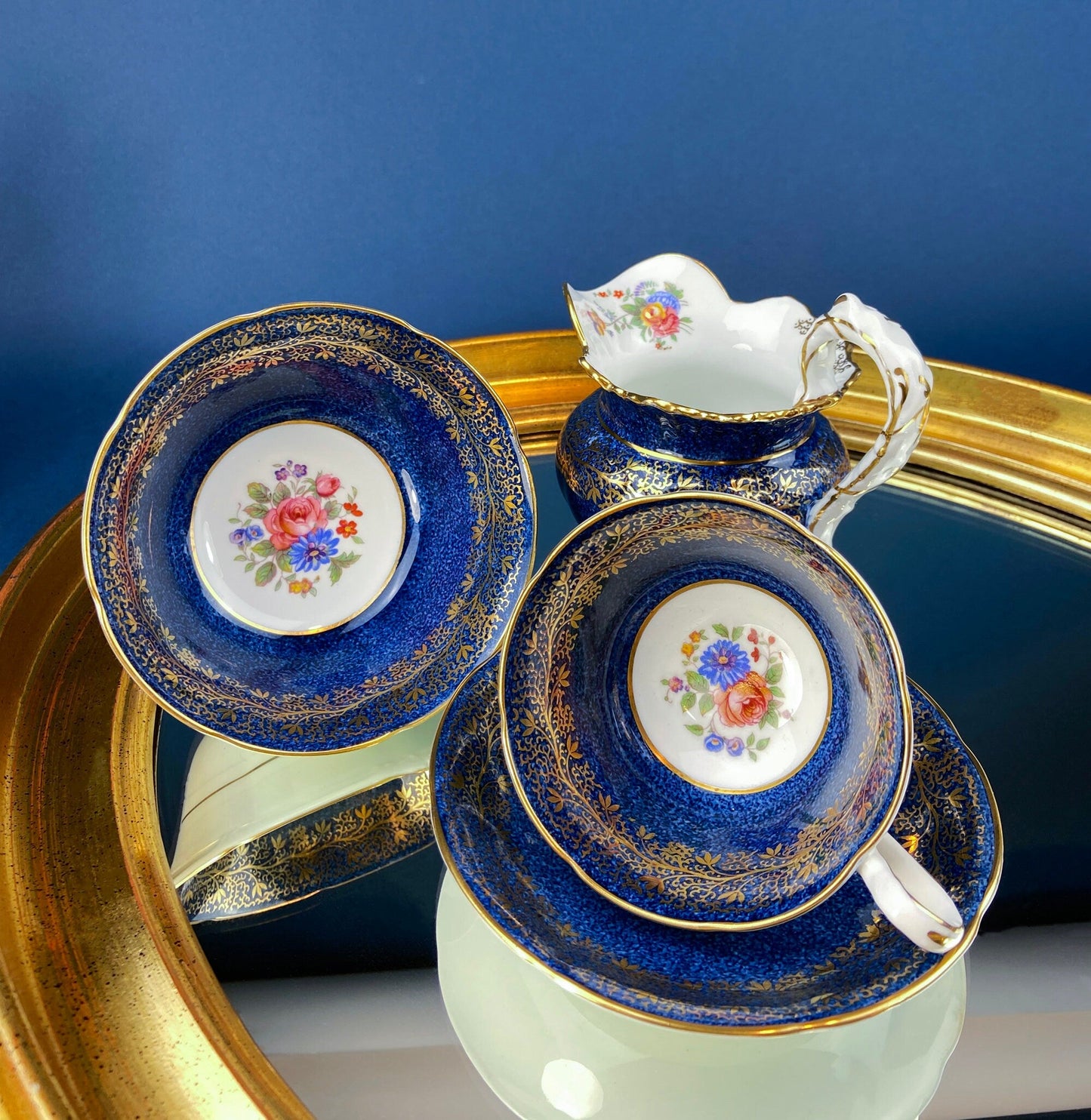 Vintage Aynsley Creamer and Sugar Bowl.  Blue and Gold, with Hand Painted Bouquet of Flowers. Fine Bone China.