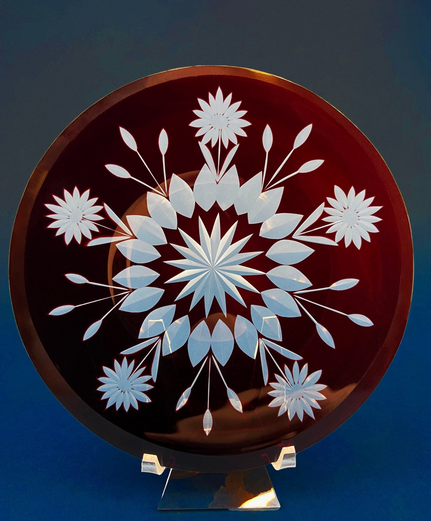 Vintage Bohemian Glass Crystal Serving Bowl and Plate. Set of Two Hand Cut Ruby Crystal Serving Dishes. Collectible Czech Glass.