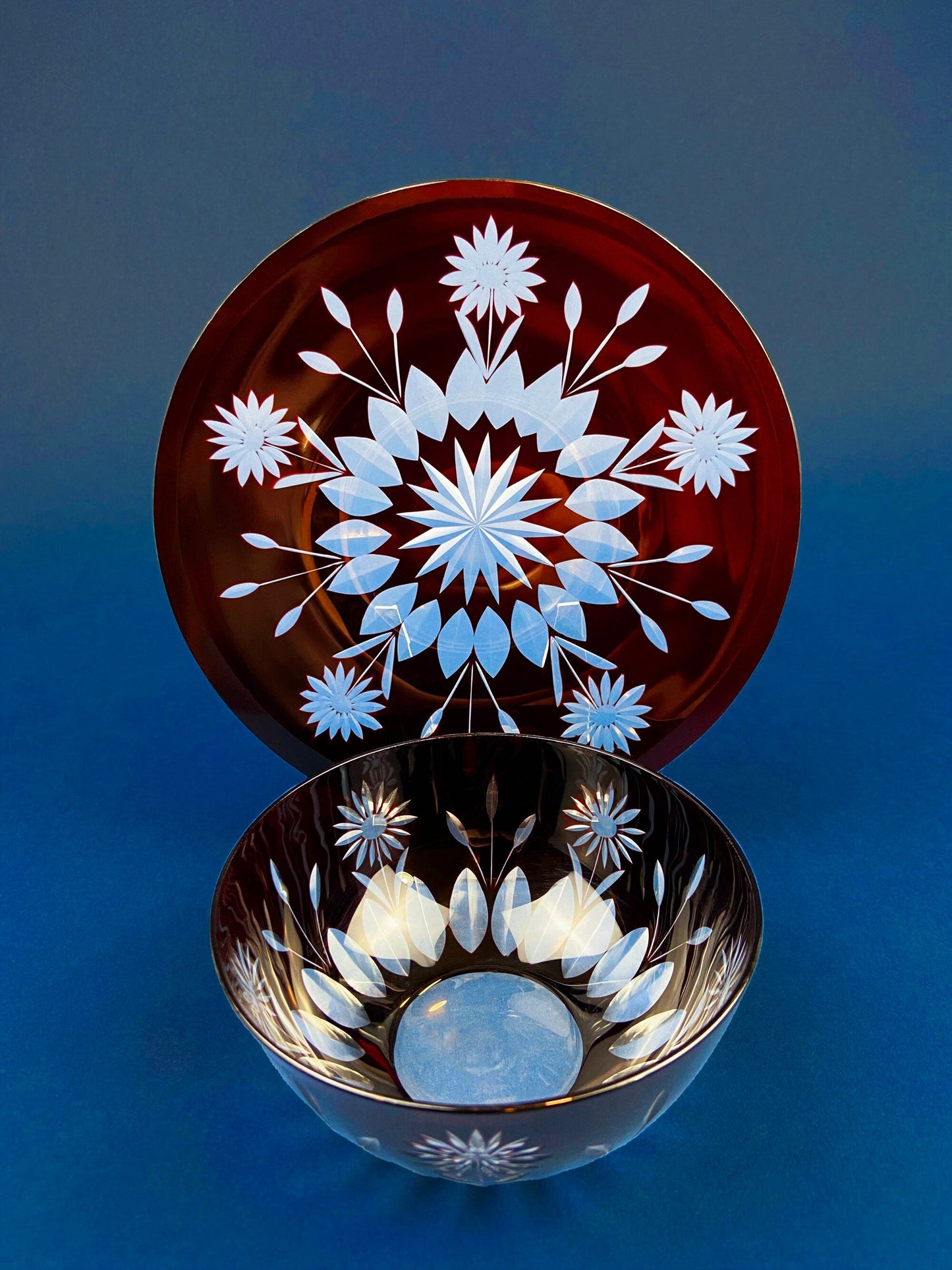 Vintage Bohemian Glass Crystal Serving Bowl and Plate. Set of Two Hand Cut Ruby Crystal Serving Dishes. Collectible Czech Glass.