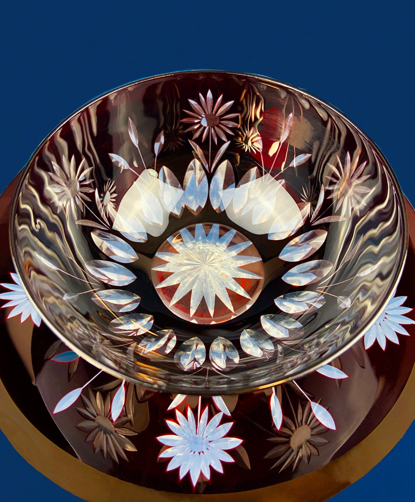 Vintage Bohemian Glass Crystal Serving Bowl and Plate. Set of Two Hand Cut Ruby Crystal Serving Dishes. Collectible Czech Glass.