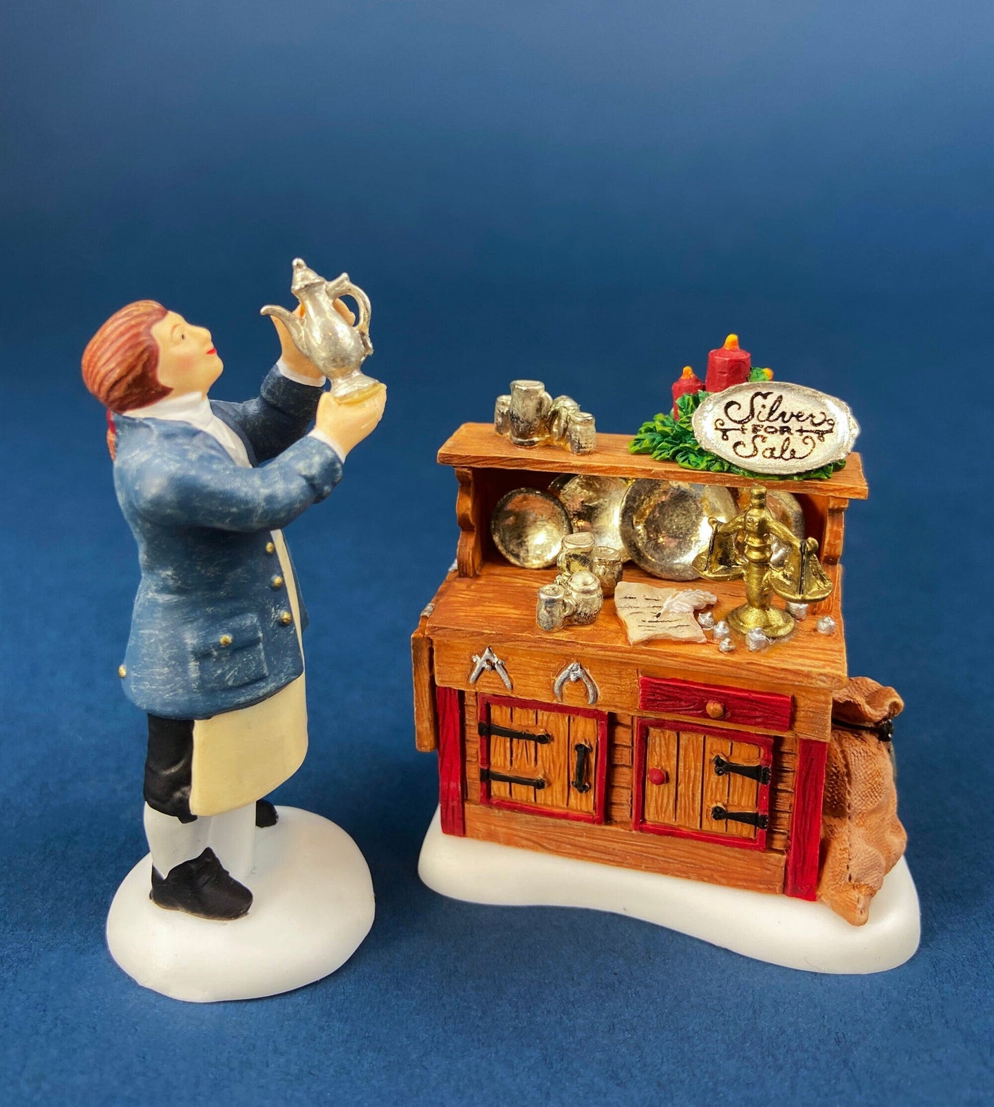 Dept. 56 Figurines. Silver for Sale. Christmas Village Accessories. Silverware Vendor & Cabinet with Silver. New England Village Series.