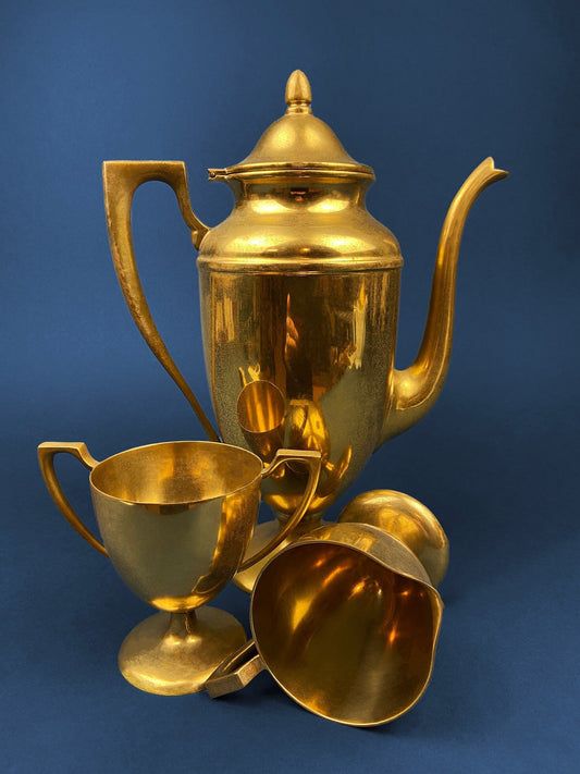 Vintage Brass Coffee Pot, Creamer & Sugar Bowl. Heavy Brass with Art Deco Style Handles. Elegant Coffee Service.