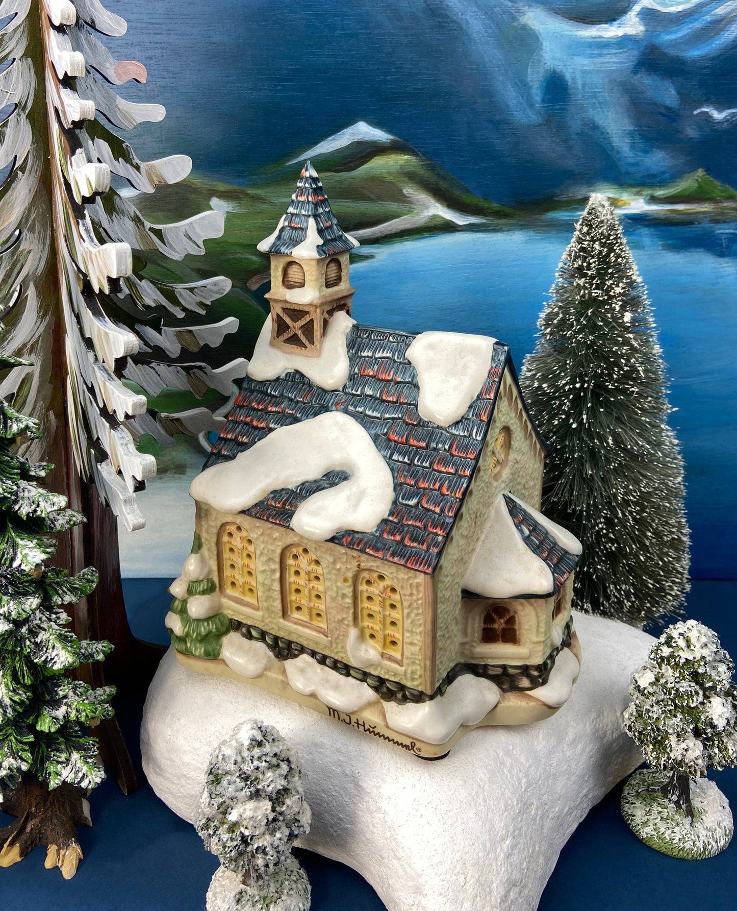 Christmas Village Cedar Valley Chapel Towne Series. Illuminated Blue Church with Stained Glass Window. Santa's Workbench. Night Light.