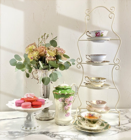 TeaCup Display Stand. Vintage Design 4 Tier Metal Display Rack. Store, Cafe or home decor. Tea party decoration.