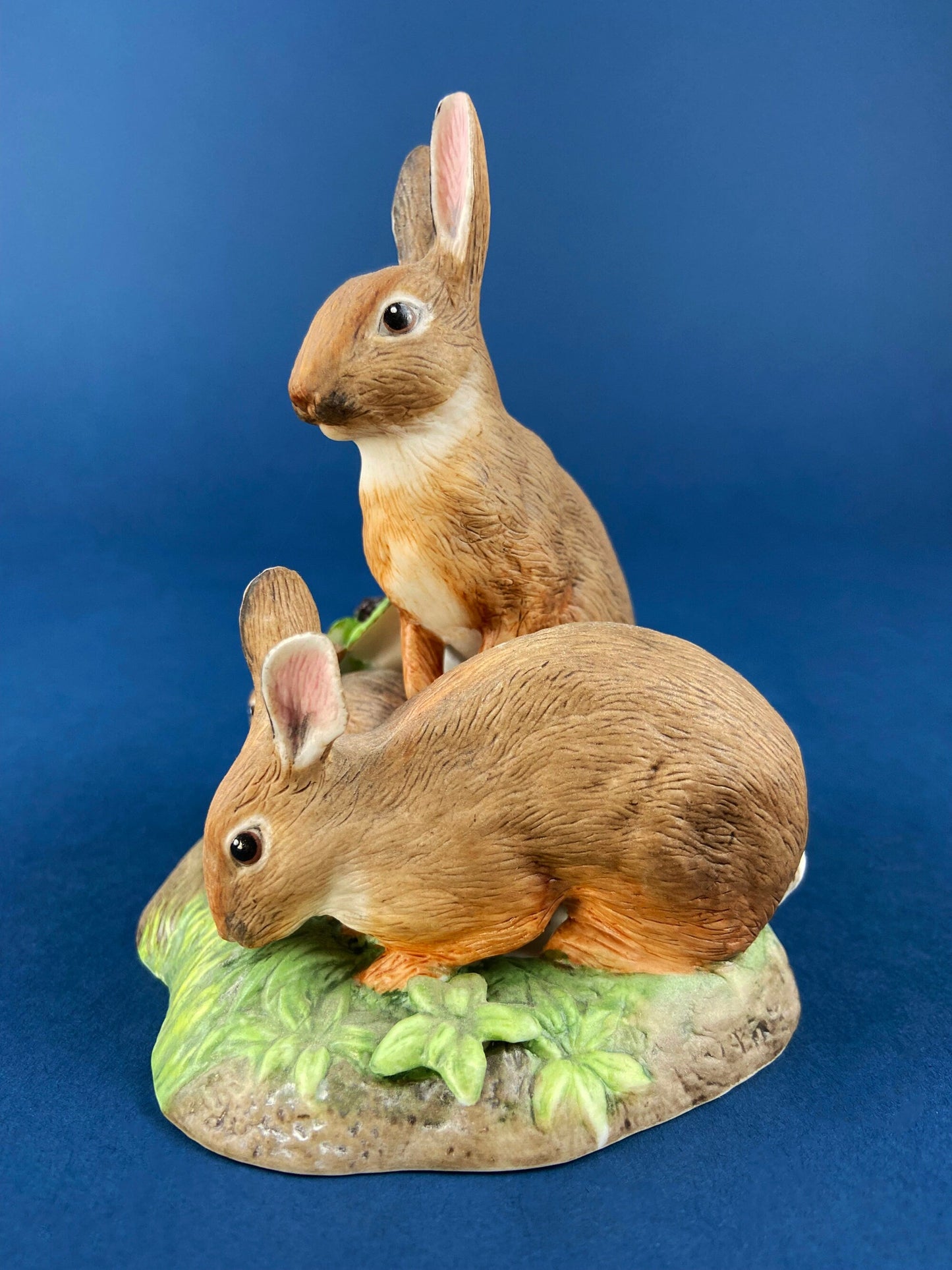 Family of Brown Porcelain Bunnies. Hand-Painted Mom Rabbit with Babies. In the Meadow by RW OM. Easter or Spring Celebration.