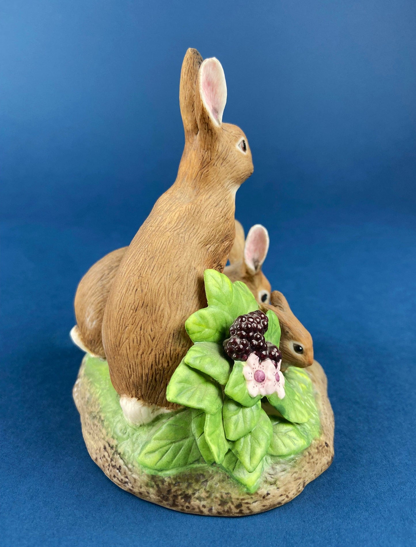 Family of Brown Porcelain Bunnies. Hand-Painted Mom Rabbit with Babies. In the Meadow by RW OM. Easter or Spring Celebration.