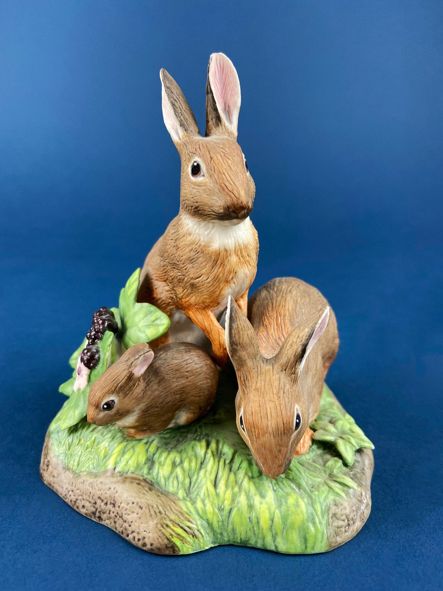 Family of Brown Porcelain Bunnies. Hand-Painted Mom Rabbit with Babies. In the Meadow by RW OM. Easter or Spring Celebration.