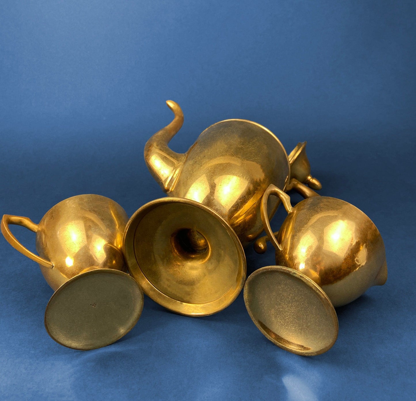 Vintage Brass Coffee Pot, Creamer & Sugar Bowl. Heavy Brass with Art Deco Style Handles. Elegant Coffee Service.