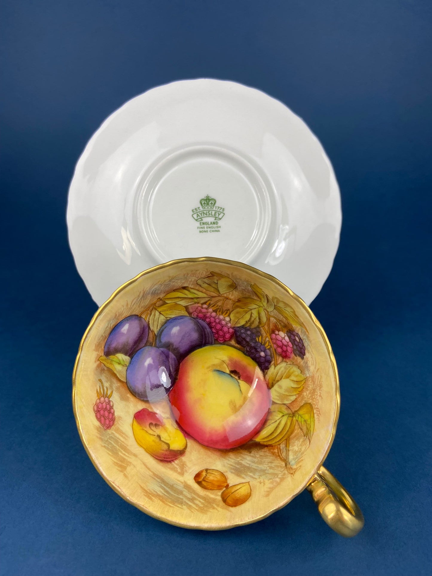 Vintage Tea Cup & Saucer. Aynsley Fine Bone China. Beautiful Fruit Motif: Peaches, Plums, Berries. Collectible Tea Set. Gift for Him or Her.