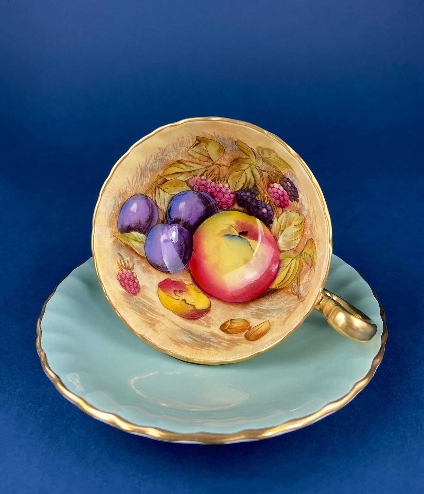 Vintage Tea Cup & Saucer. Aynsley Fine Bone China. Beautiful Fruit Motif: Peaches, Plums, Berries. Collectible Tea Set. Gift for Him or Her.