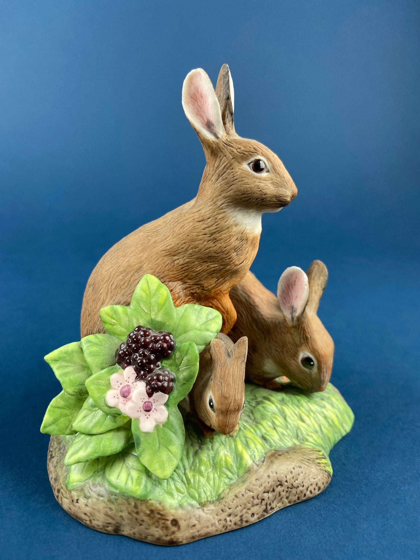 Family of Brown Porcelain Bunnies. Hand-Painted Mom Rabbit with Babies. In the Meadow by RW OM. Easter or Spring Celebration.