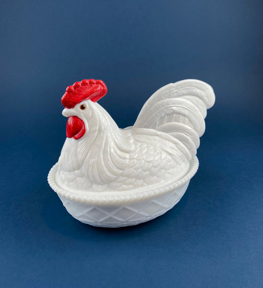 Westmoreland  Rooster on Nest Covered Bowl. Large Milk Glass Lidded Dish. White with Red Details Serving Dish. Collectible Milk Glass.