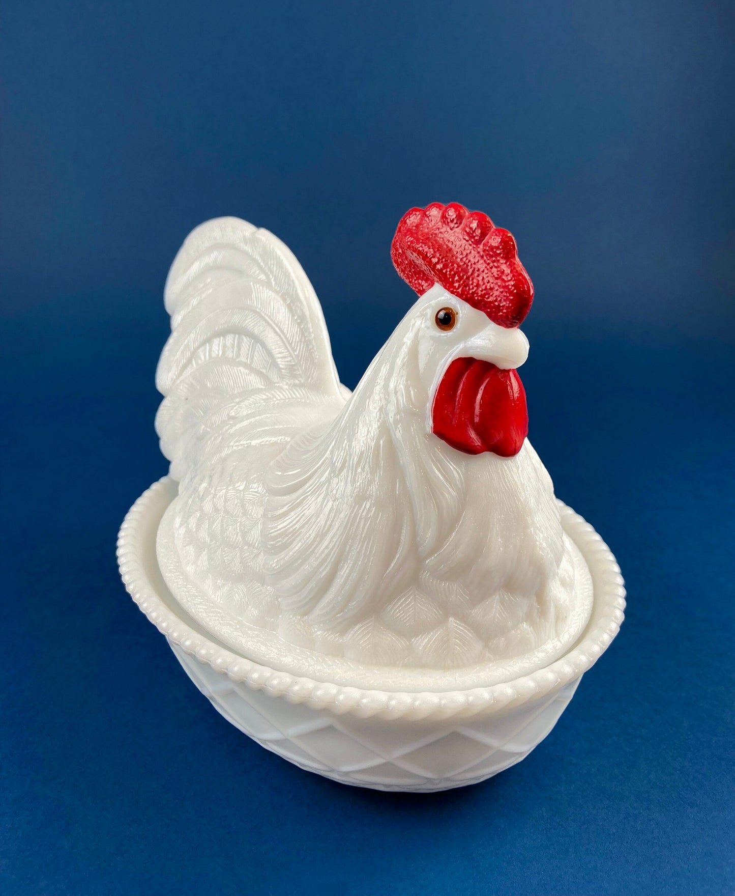 Westmoreland  Rooster on Nest Covered Bowl. Large Milk Glass Lidded Dish. White with Red Details Serving Dish. Collectible Milk Glass.