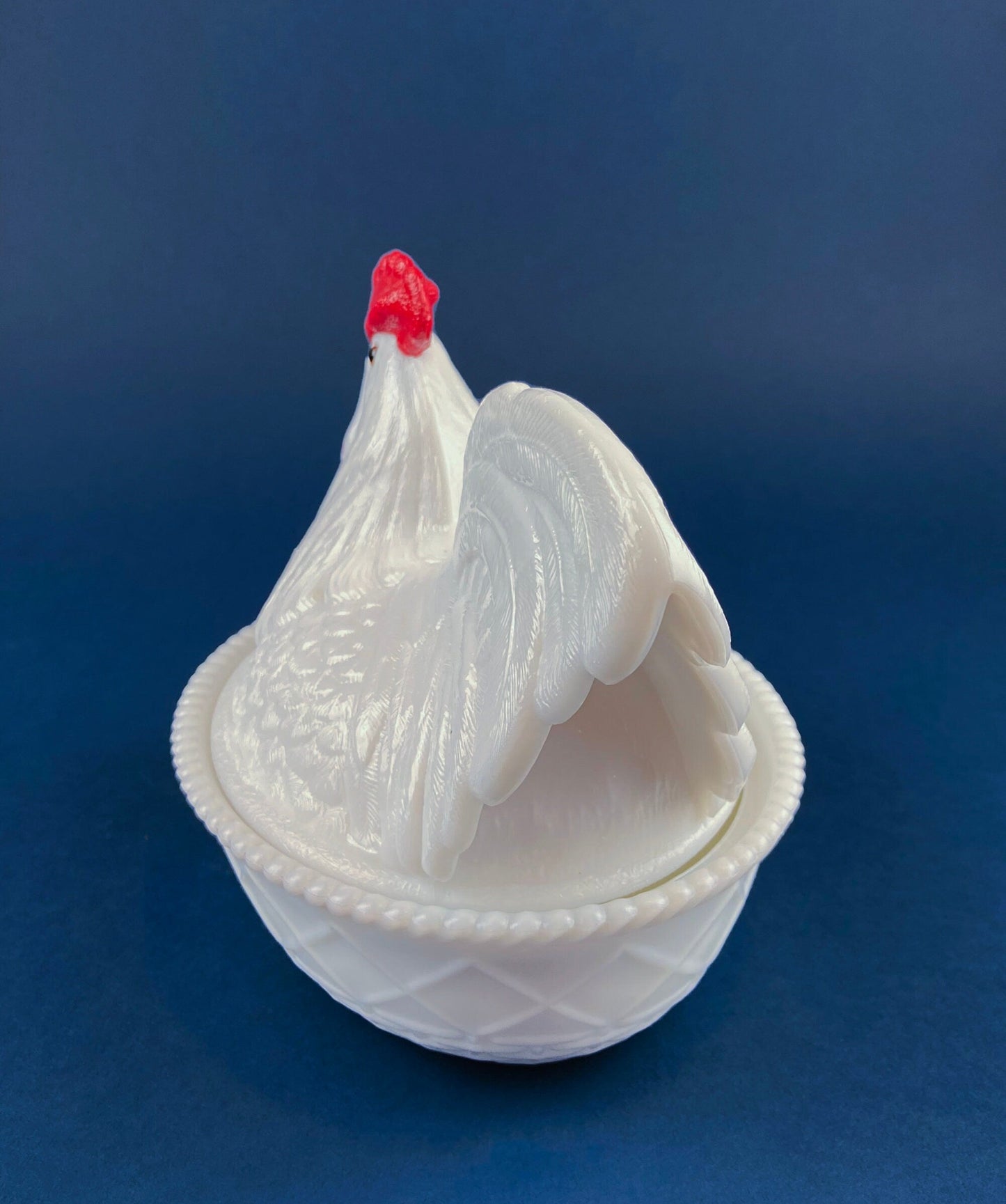 Westmoreland  Rooster on Nest Covered Bowl. Large Milk Glass Lidded Dish. White with Red Details Serving Dish. Collectible Milk Glass.