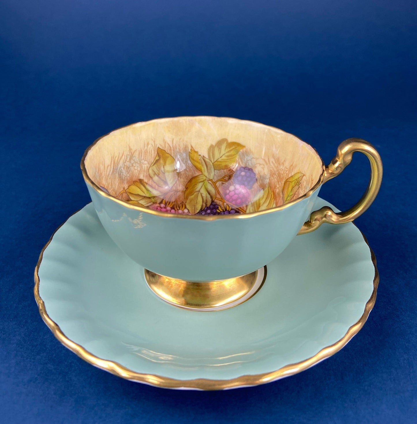 Vintage Tea Cup & Saucer. Aynsley Fine Bone China. Beautiful Fruit Motif: Peaches, Plums, Berries. Collectible Tea Set. Gift for Him or Her.