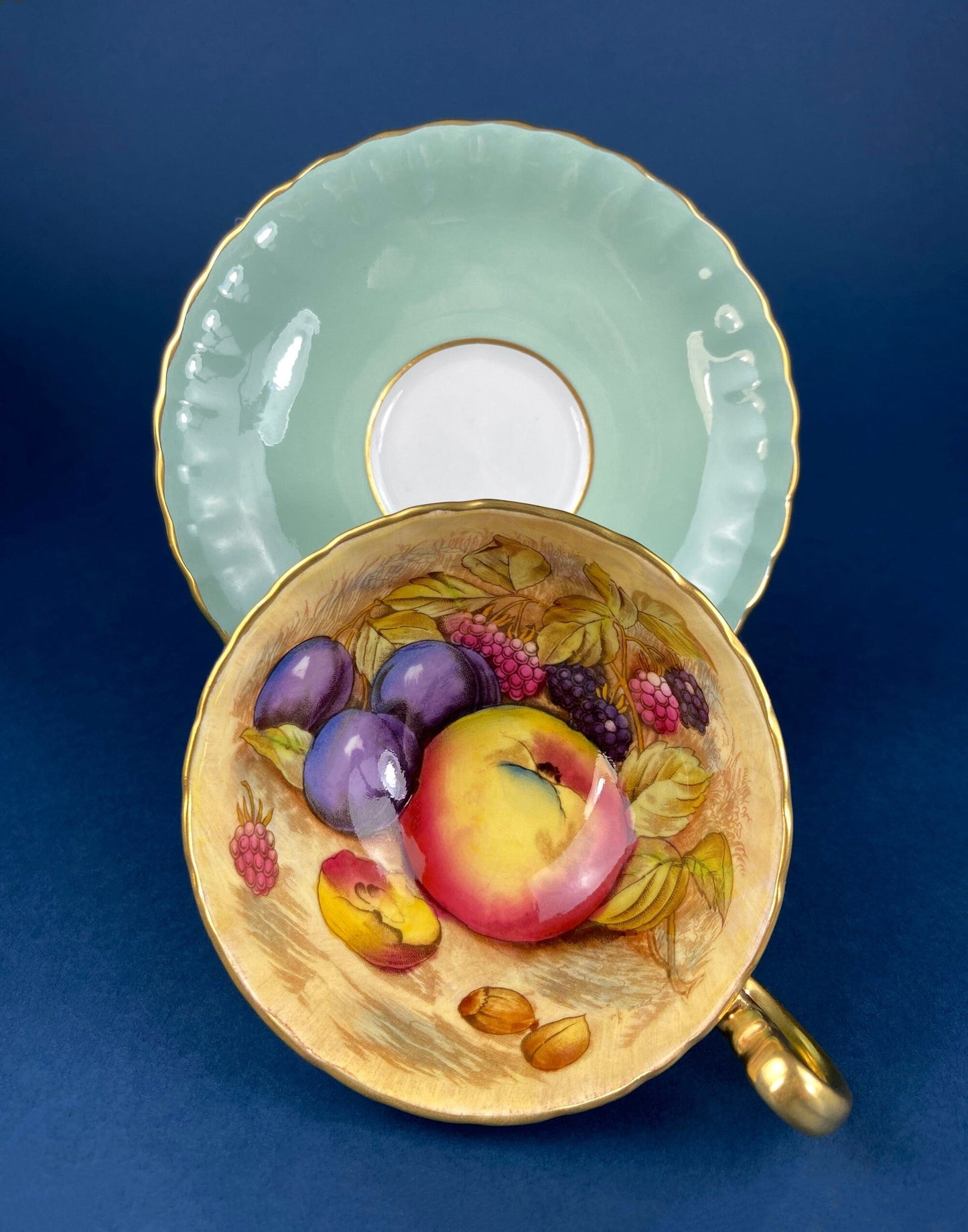 Vintage Tea Cup & Saucer. Aynsley Fine Bone China. Beautiful Fruit Motif: Peaches, Plums, Berries. Collectible Tea Set. Gift for Him or Her.