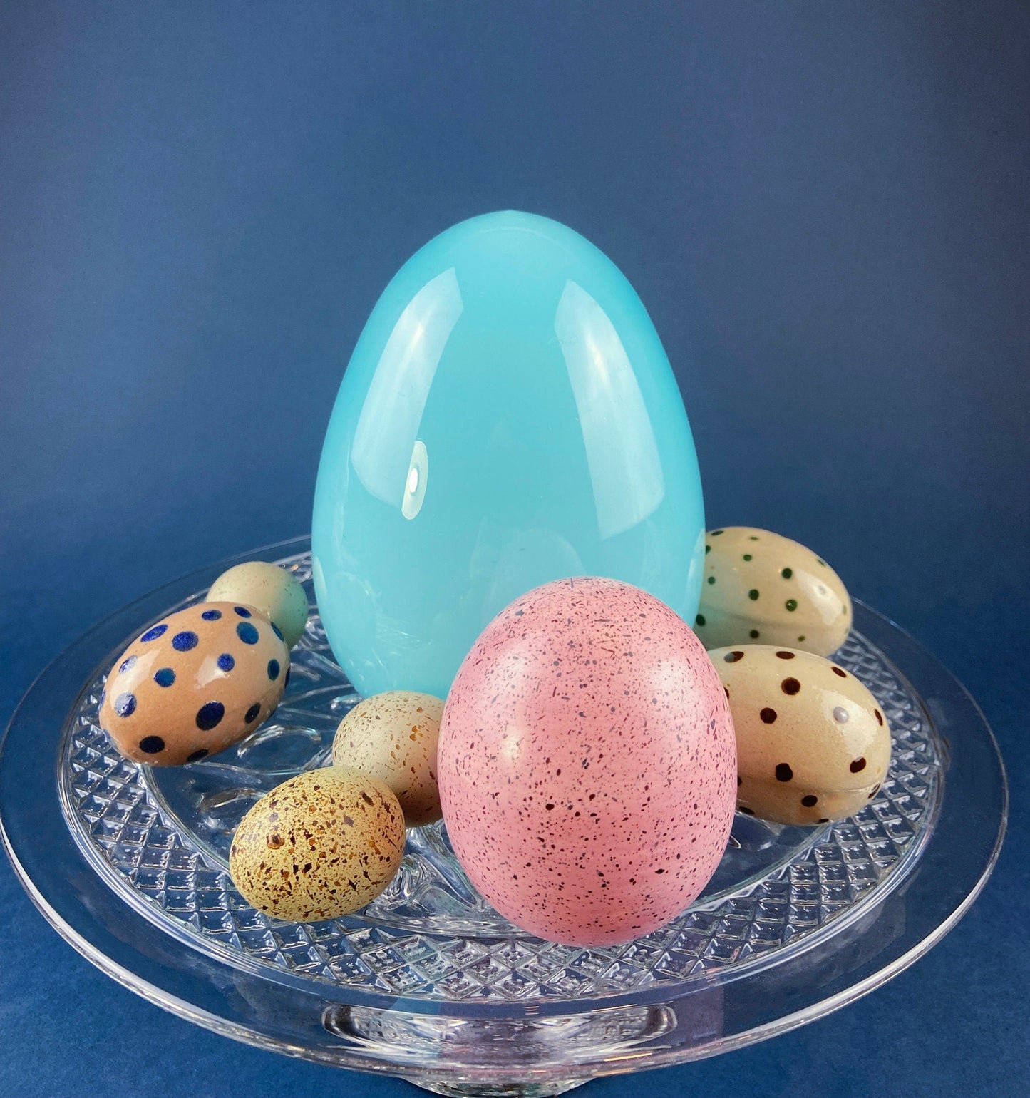 Set of Two Glass Eggs. Large Textured Blue and Smaller Purple with Swirl Embedded in Glass. Easter or Spring Decor. Dining Room Decor.