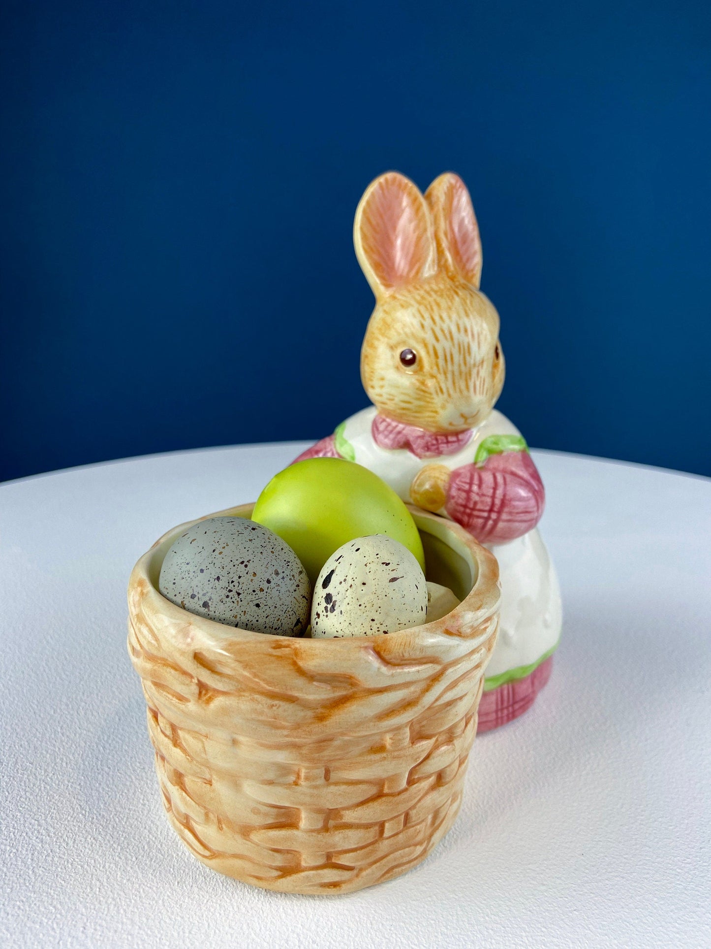 Porcelain Mom Bunny Figurine. Hand-Painted Girl Rabbit Wearing Apron and Carrying Basket. Vintage Easter Display. Kids Room.
