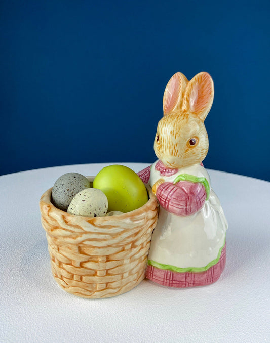 Porcelain Mom Bunny Figurine. Hand-Painted Girl Rabbit Wearing Apron and Carrying Basket. Vintage Easter Display. Kids Room.