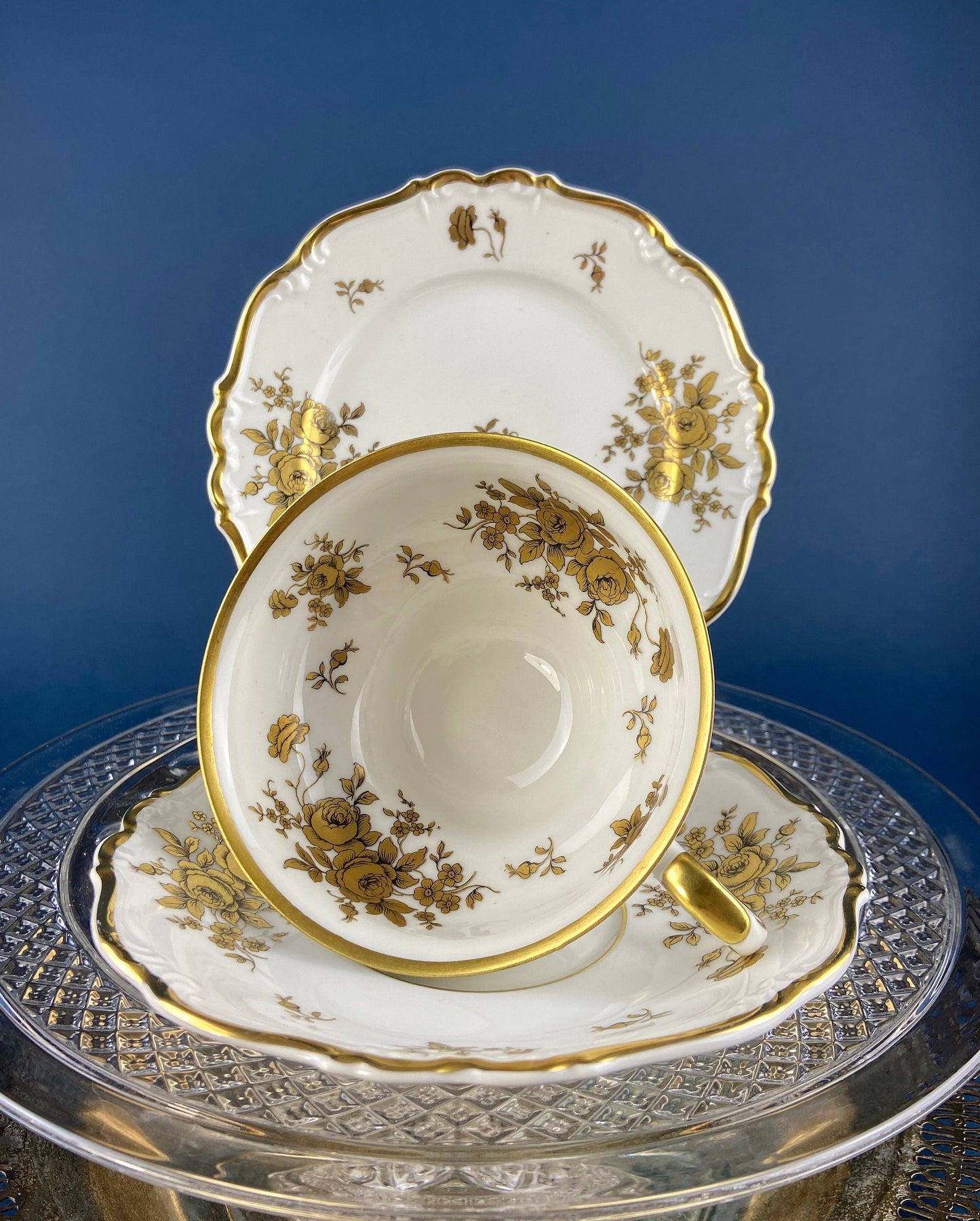 Stunning Antique White and Gold Tea Set Trio. Weimar Porcelain, Katharina Pattern. Hand Painted Floral Gold Trim. Dining Room Decor.
