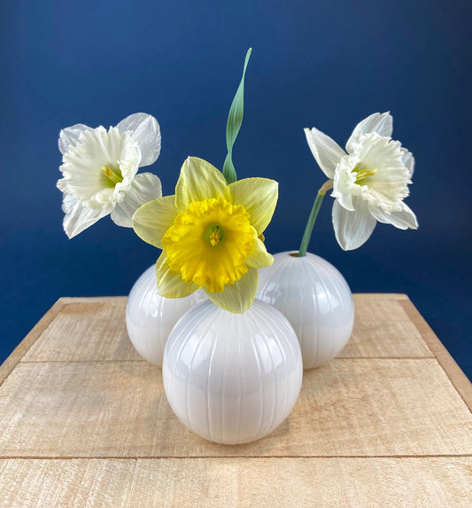White, Porcelain Modern Vases. Set of Three Sperical Vases with Small Mouths and Fluting. Perfect for Breakfast Tray. Minimal Home Decor.