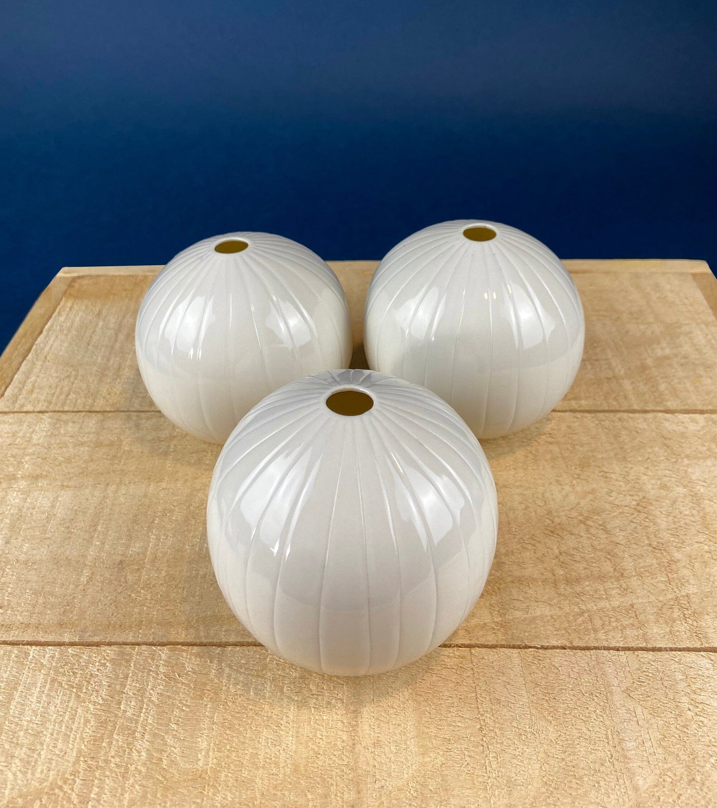 White, Porcelain Modern Vases. Set of Three Sperical Vases with Small Mouths and Fluting. Perfect for Breakfast Tray. Minimal Home Decor.