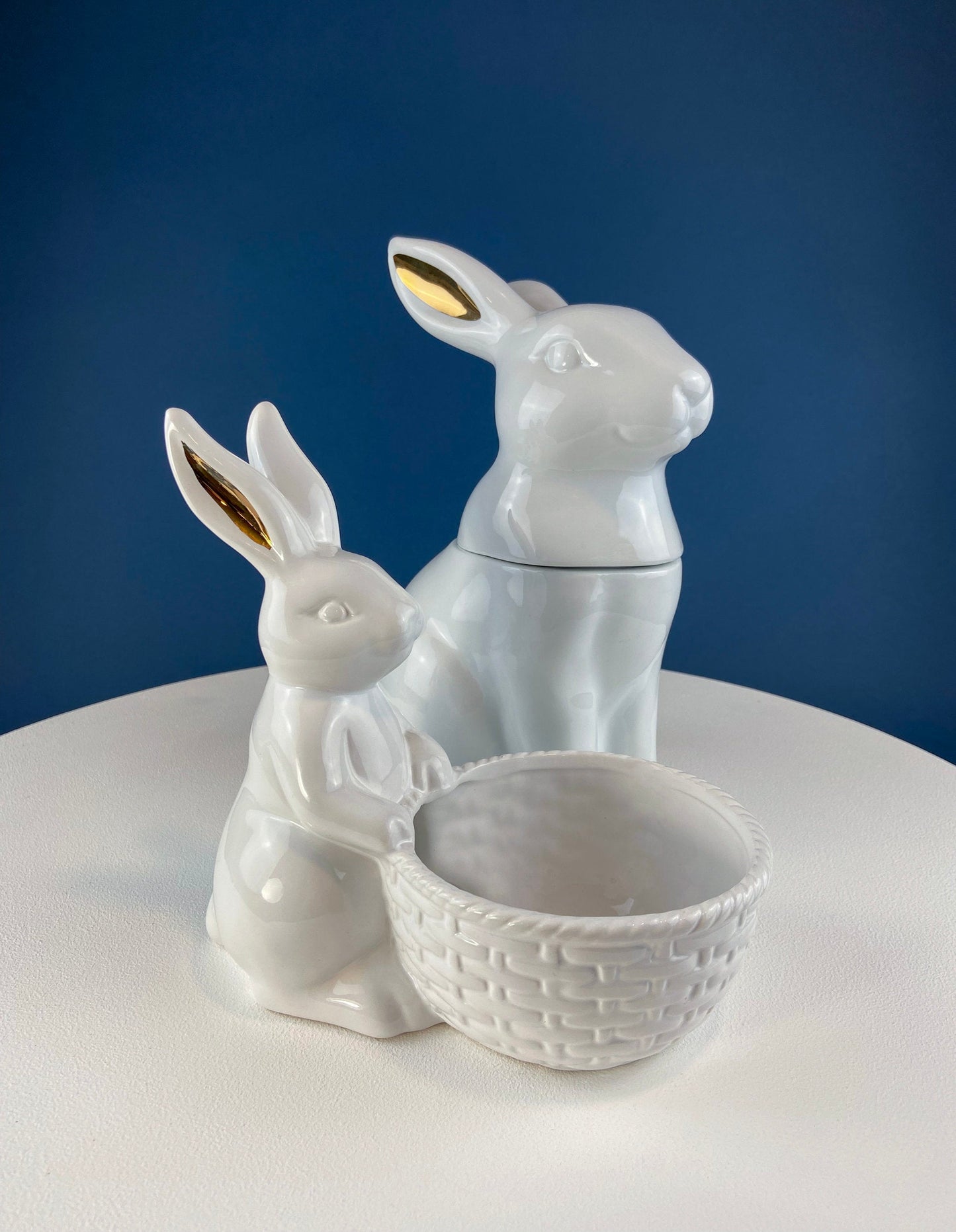White Porcelain, Cupcake Sized Stand. Climbing Bunnies Detail. Rabbit Themed Table Accessories. Candy Dish, Candle Holder, Modern Farmhouse.