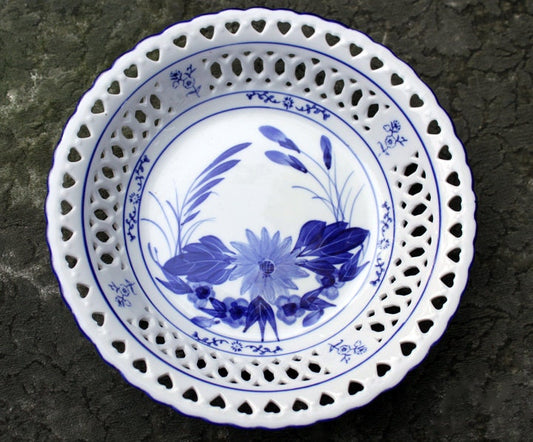 Vintage Blue and White Bowl with Lacy Rim and Scalloped Edge.