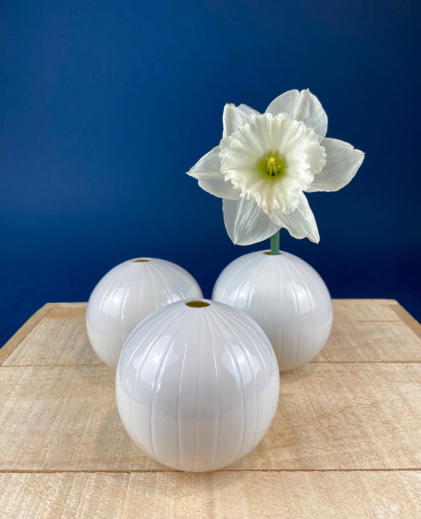 White, Porcelain Modern Vases. Set of Three Sperical Vases with Small Mouths and Fluting. Perfect for Breakfast Tray. Minimal Home Decor.
