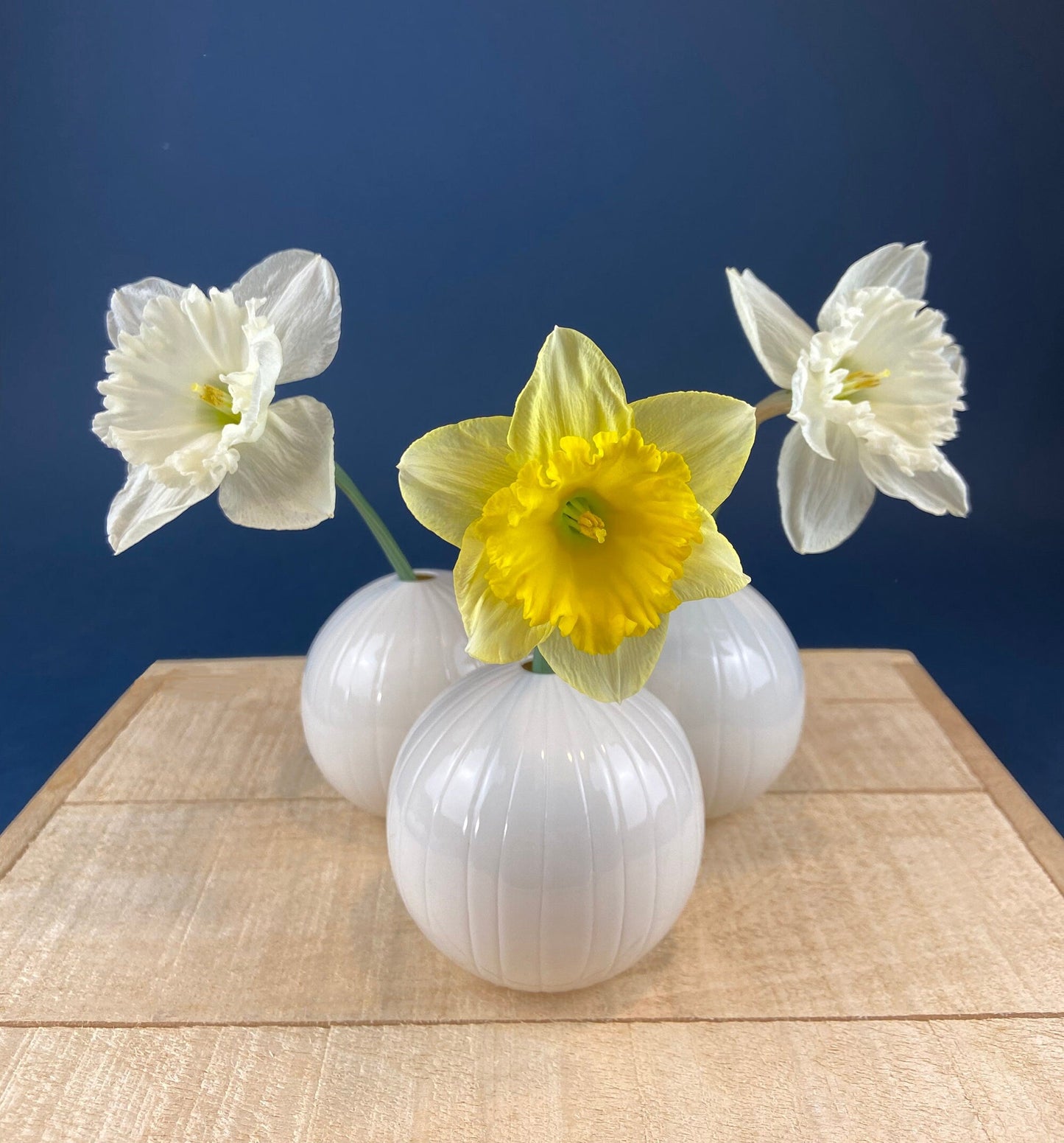 White, Porcelain Modern Vases. Set of Three Sperical Vases with Small Mouths and Fluting. Perfect for Breakfast Tray. Minimal Home Decor.