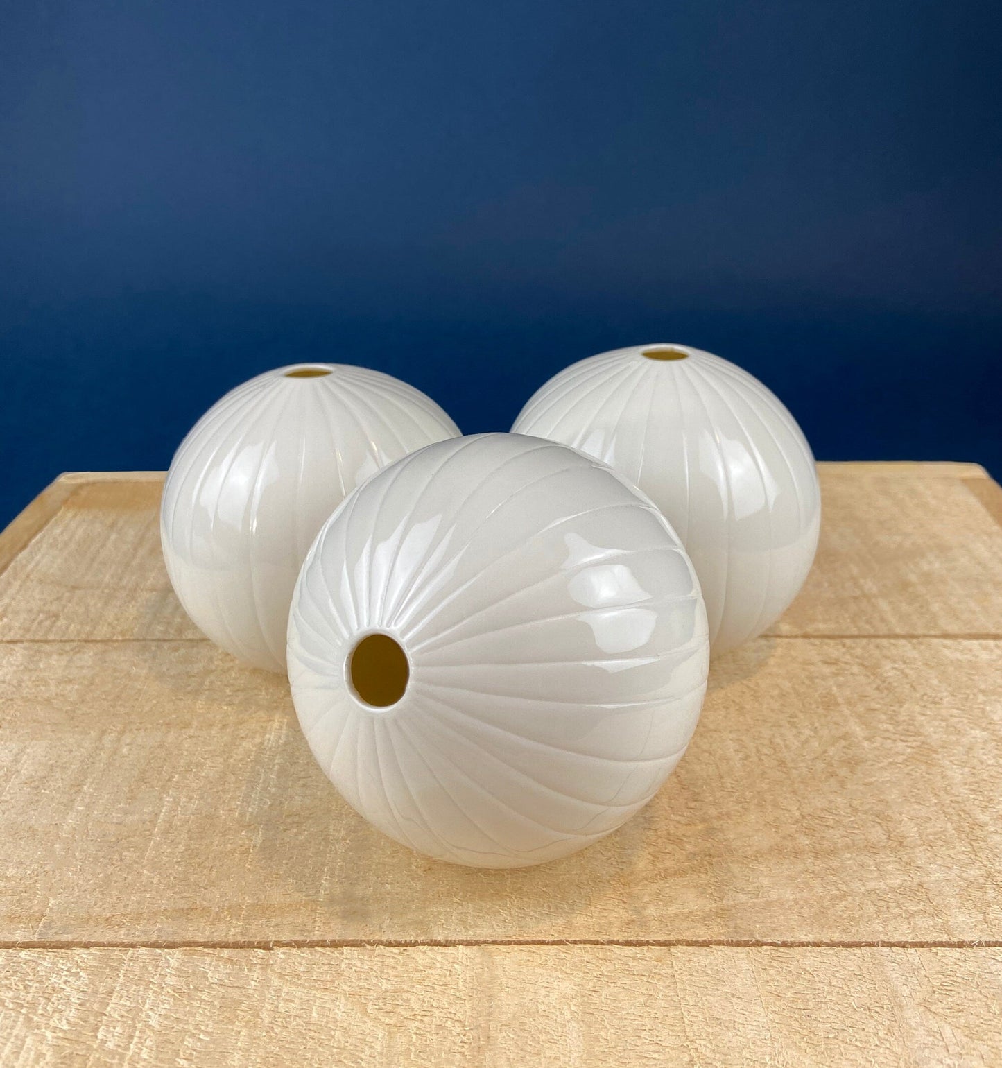 White, Porcelain Modern Vases. Set of Three Sperical Vases with Small Mouths and Fluting. Perfect for Breakfast Tray. Minimal Home Decor.