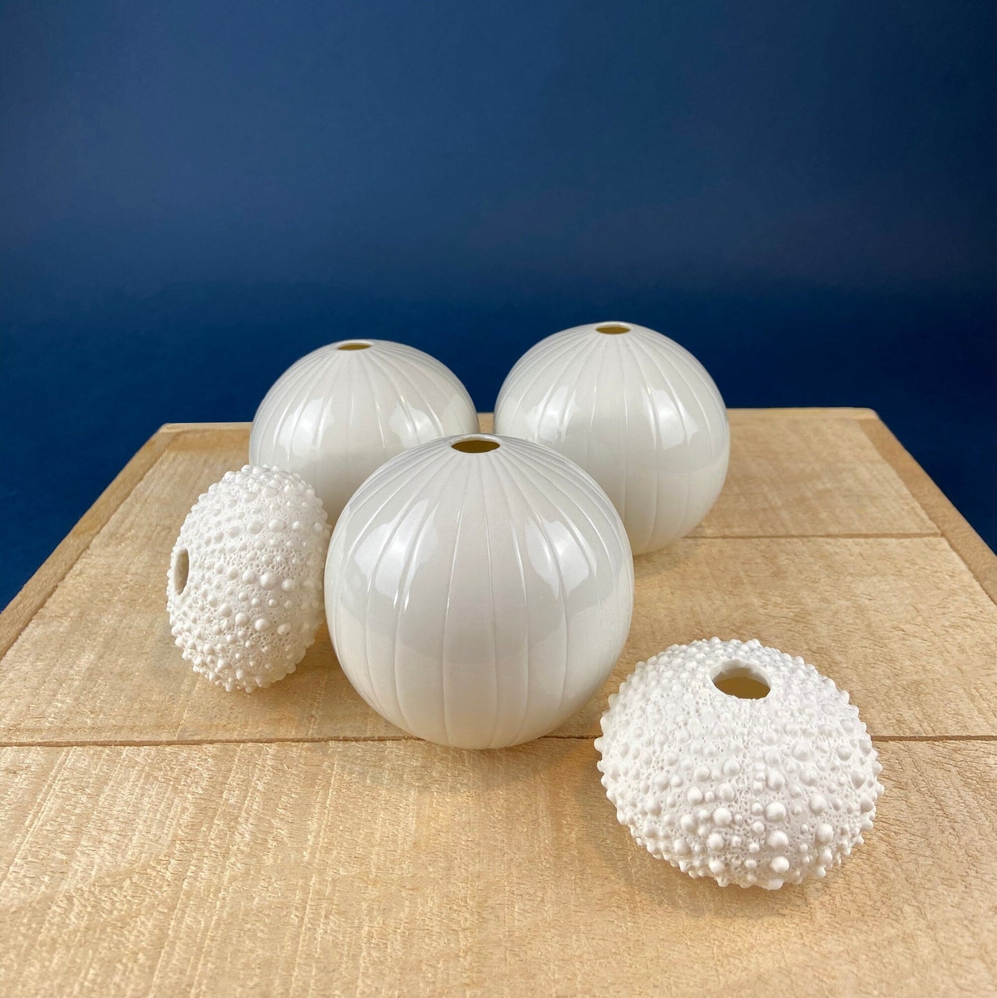 White, Porcelain Modern Vases. Set of Three Sperical Vases with Small Mouths and Fluting. Perfect for Breakfast Tray. Minimal Home Decor.