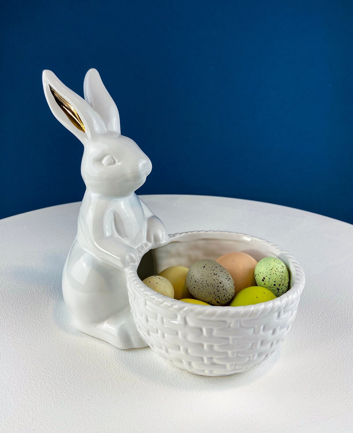 White Porcelain, Cupcake Sized Stand. Climbing Bunnies Detail. Rabbit Themed Table Accessories. Candy Dish, Candle Holder, Modern Farmhouse.
