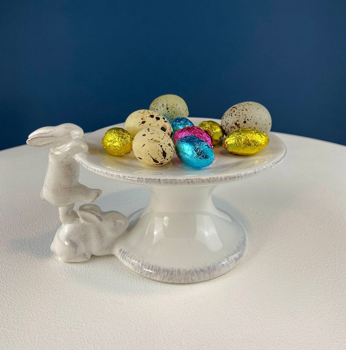 White Porcelain, Cupcake Sized Stand. Climbing Bunnies Detail. Rabbit Themed Table Accessories. Candy Dish, Candle Holder, Modern Farmhouse.