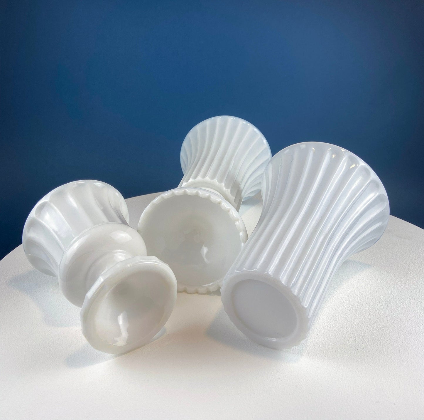 Set of Three, Fluted Milk Glass Vases.  Collection of White, Modern Style Vases of Varying Shapes and Sizes. Wedding Decor. White Home Decor