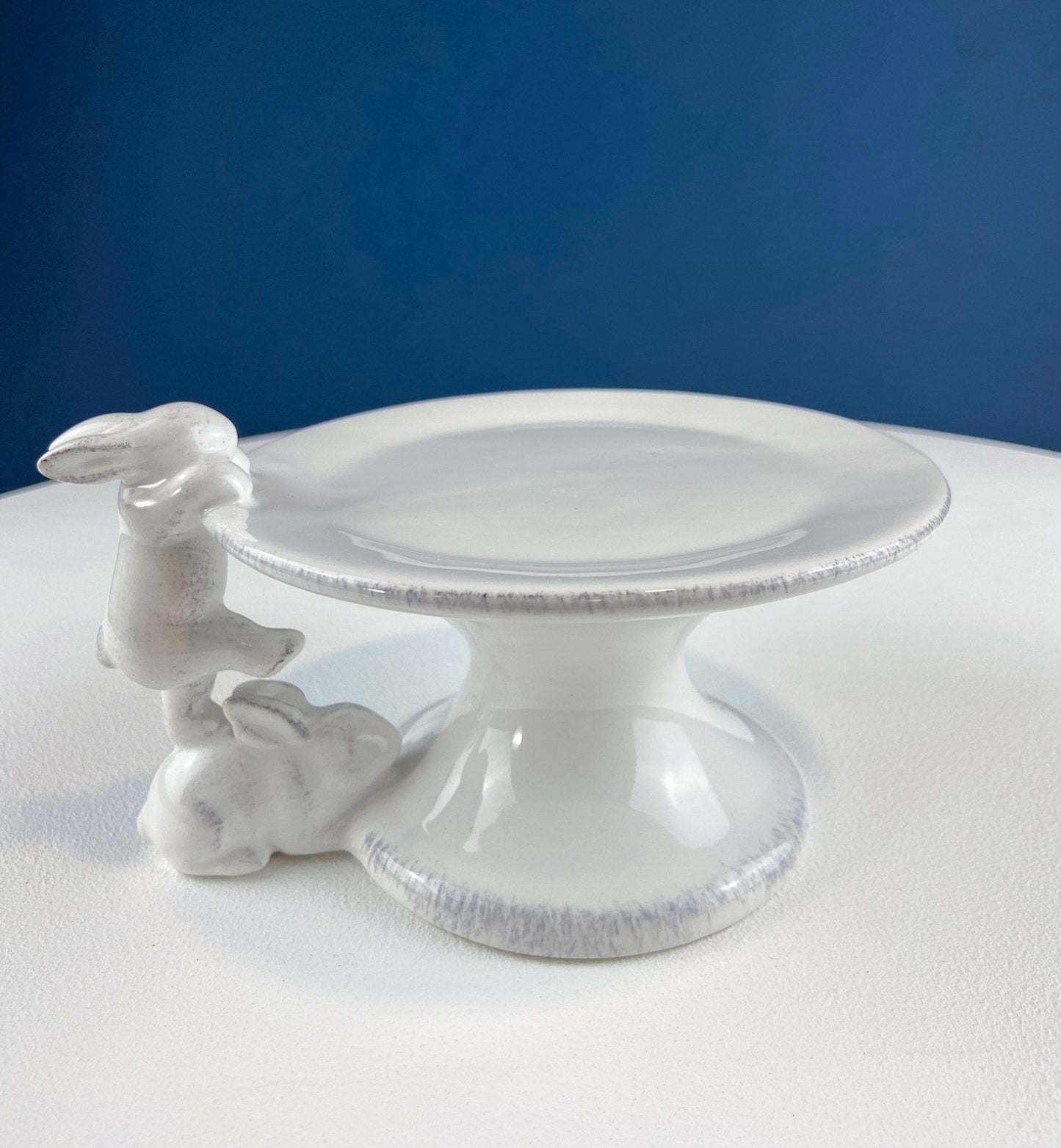 White Porcelain, Cupcake Sized Stand. Climbing Bunnies Detail. Rabbit Themed Table Accessories. Candy Dish, Candle Holder, Modern Farmhouse.