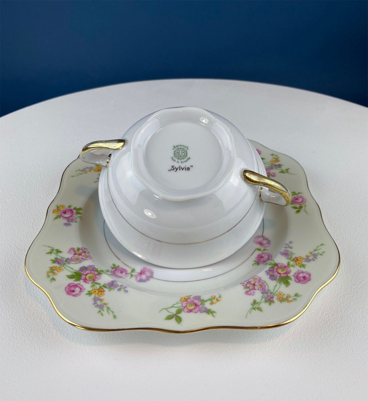 Antique Porcelain Bullion Bowls with Matching Square, 8.5" Dinner Plates. Set of 6. Flower Garlands, Sylvia by F&B Baronet China, Bohemia.