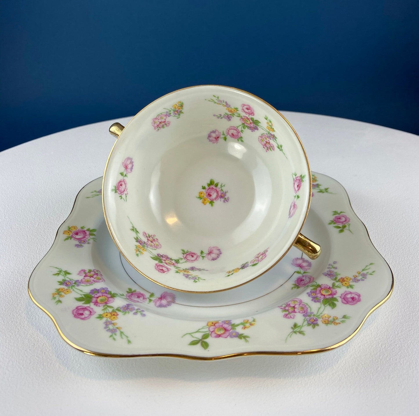 Antique Porcelain Bullion Bowls with Matching Square, 8.5" Dinner Plates. Set of 6. Flower Garlands, Sylvia by F&B Baronet China, Bohemia.