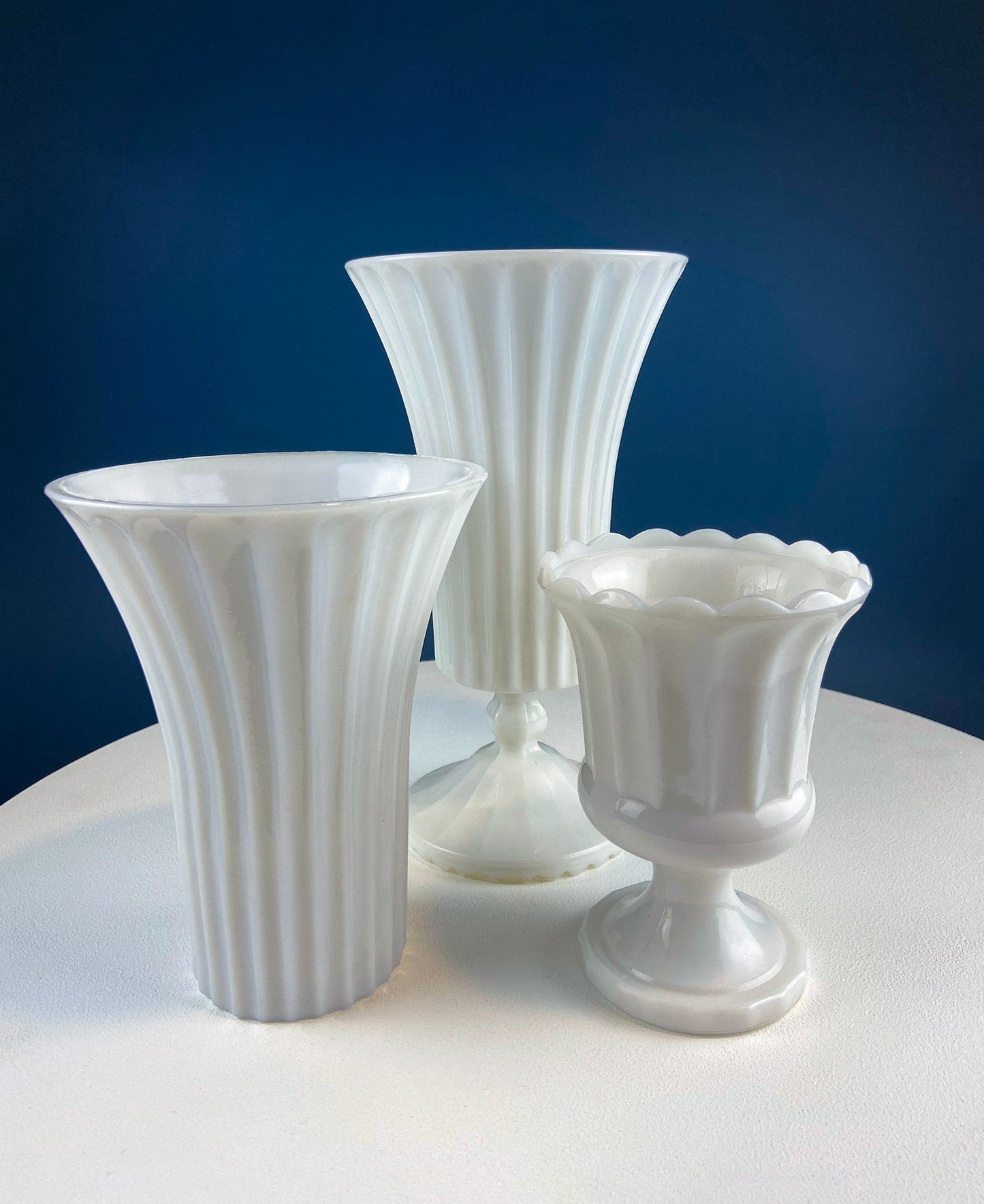 Set of Three, Fluted Milk Glass Vases.  Collection of White, Modern Style Vases of Varying Shapes and Sizes. Wedding Decor. White Home Decor