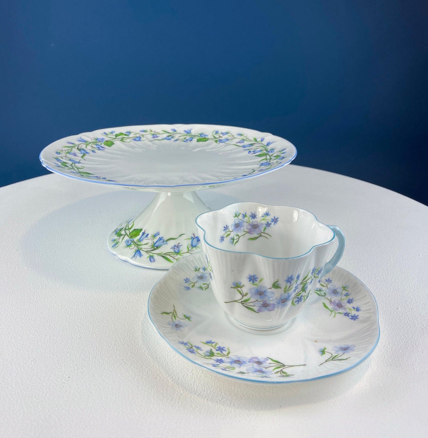 Vintage Shelley Footed Cake Stand. Hand Painted Porcelain Collectible Cake Serving Stand. Blue Bell Motif. Wedding Gift.