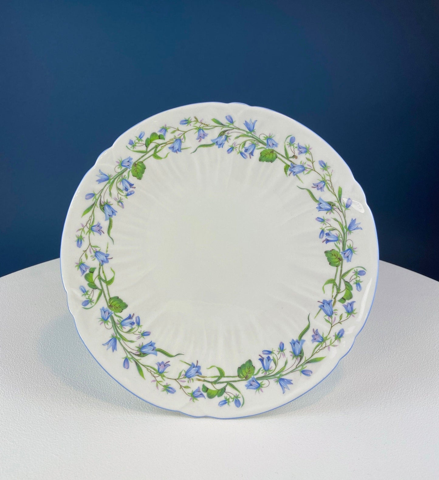 Vintage Shelley Footed Cake Stand. Hand Painted Porcelain Collectible Cake Serving Stand. Blue Bell Motif. Wedding Gift.