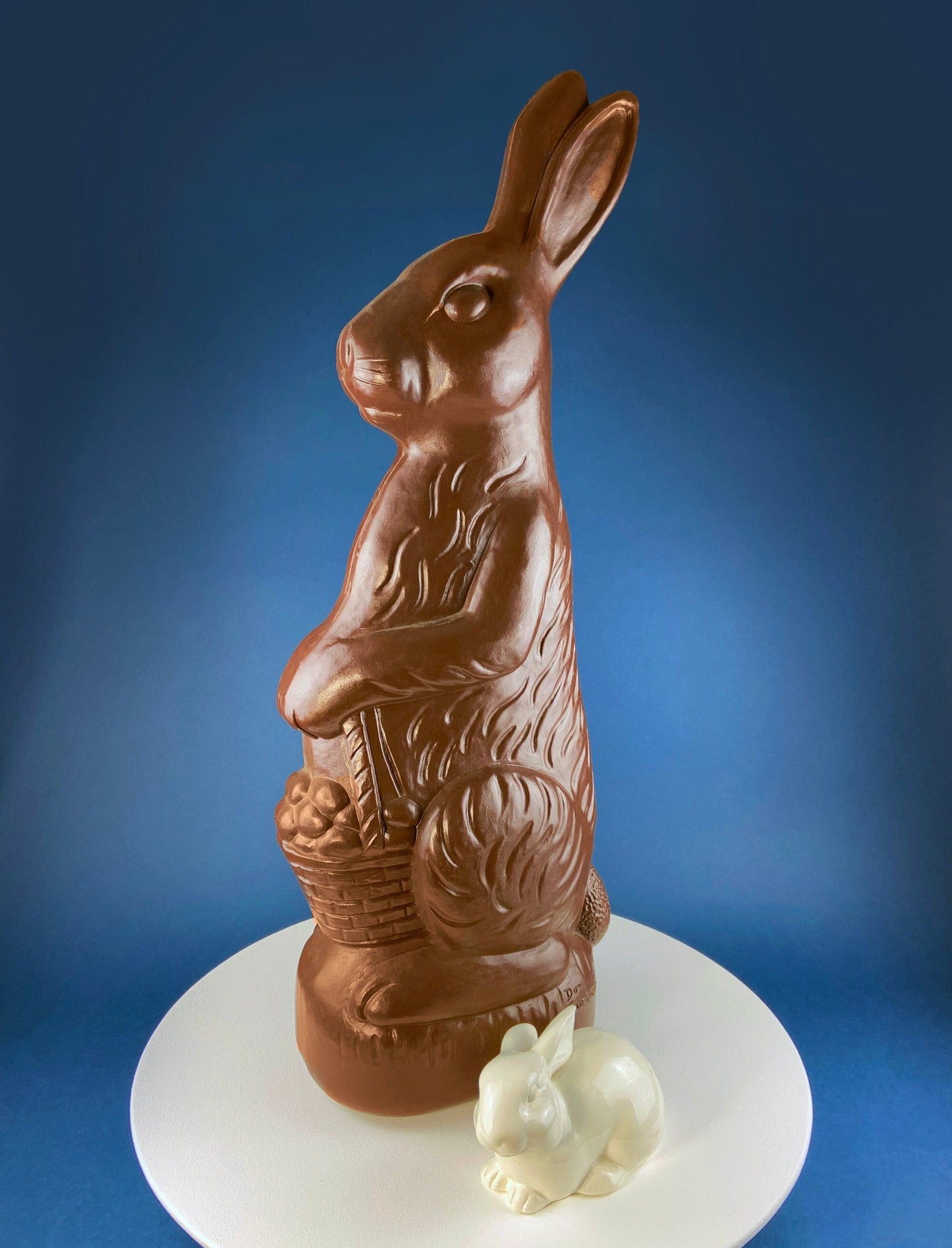 Blow Mold Huge Chocolate Bunny with Egg Basket. Inside/Outside, Easter/Spring, or Every Day Display. Home, Store, Cafe, or Bakery Decor.