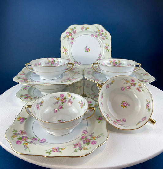 Antique Porcelain Bullion Bowls with Matching Square, 8.5" Dinner Plates. Set of 6. Flower Garlands, Sylvia by F&B Baronet China, Bohemia.