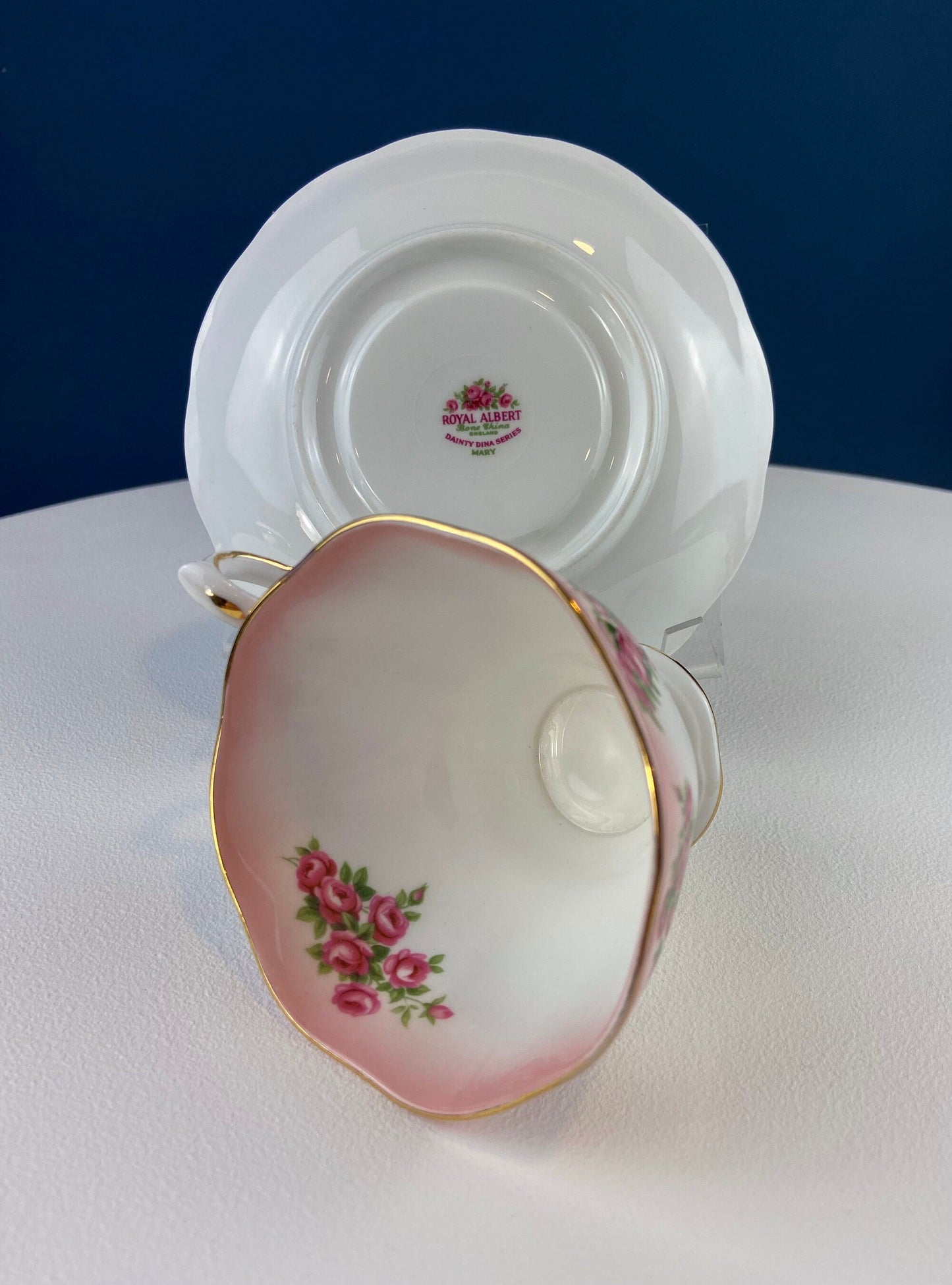 Vintage Teacup or Coffee Cup and Saucer by Royal Albert. Dainty Dina Series, Mary. Hand Painted Roses. English Breakfast.