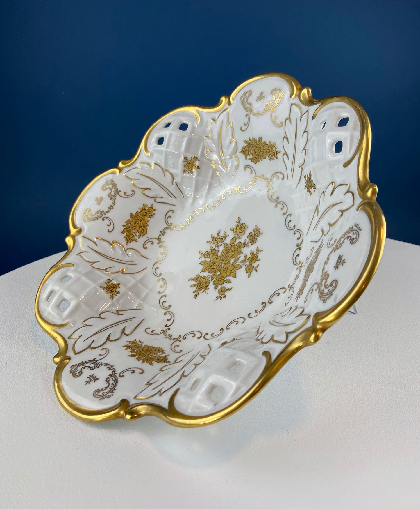 White and Gold Rosenthal Bowl.  Antique Footed Porcelain Serving Dish with Scalloped Rim and Reticulated Motif. Stunning Wedding Gift.