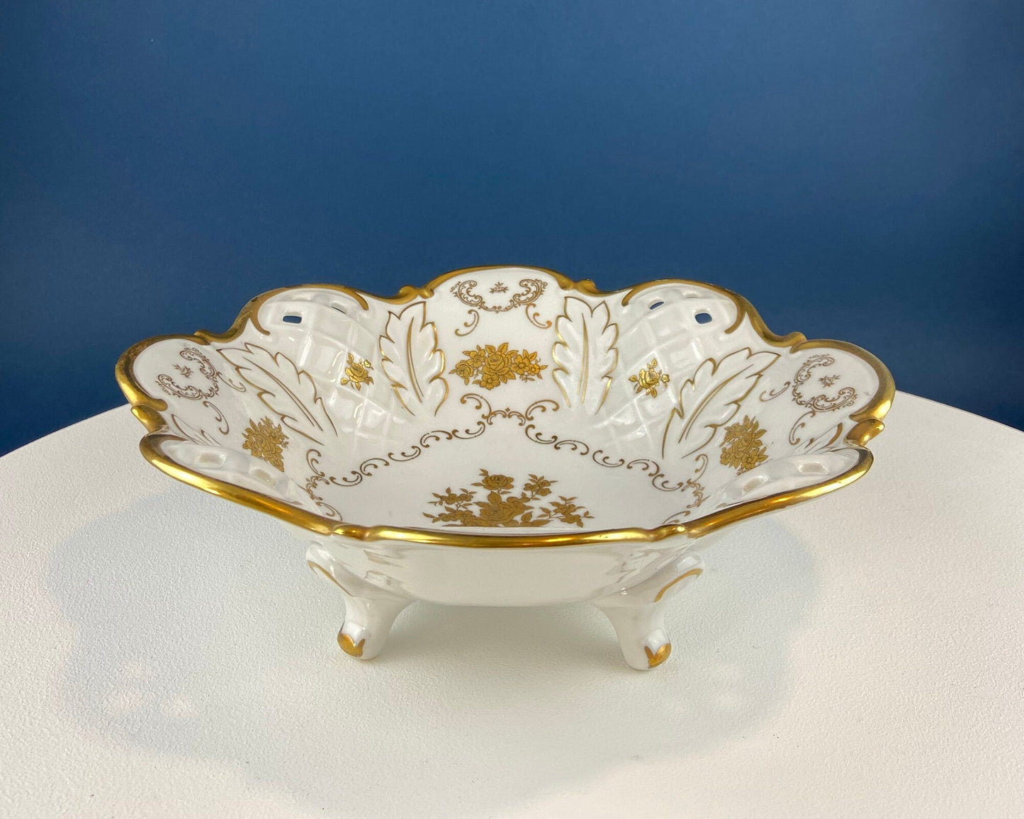 White and Gold Rosenthal Bowl.  Antique Footed Porcelain Serving Dish with Scalloped Rim and Reticulated Motif. Stunning Wedding Gift.