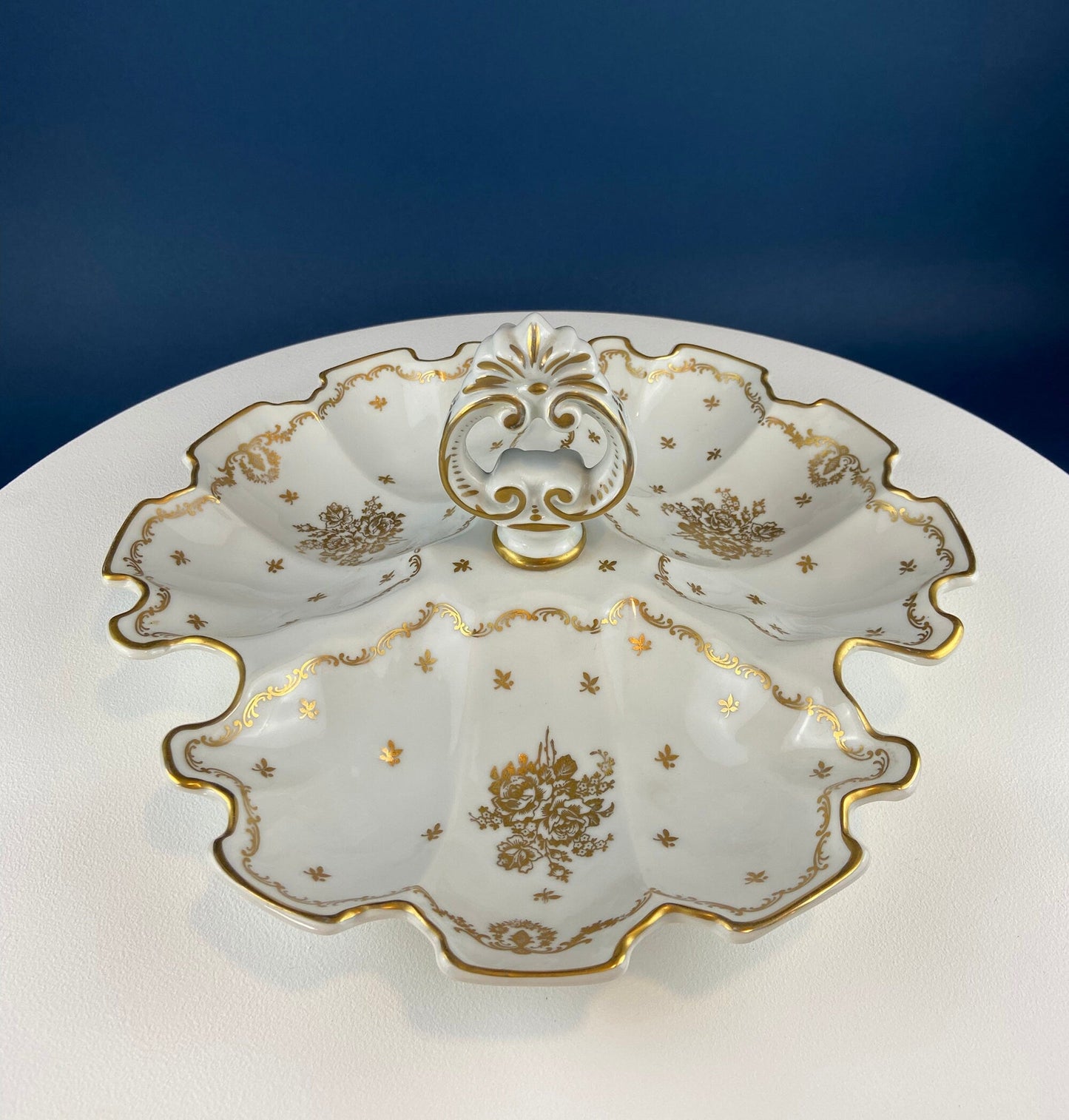 Antique Limoges Porcelain Divided Bowl: Gold Floral Motif, Scalloped Rim