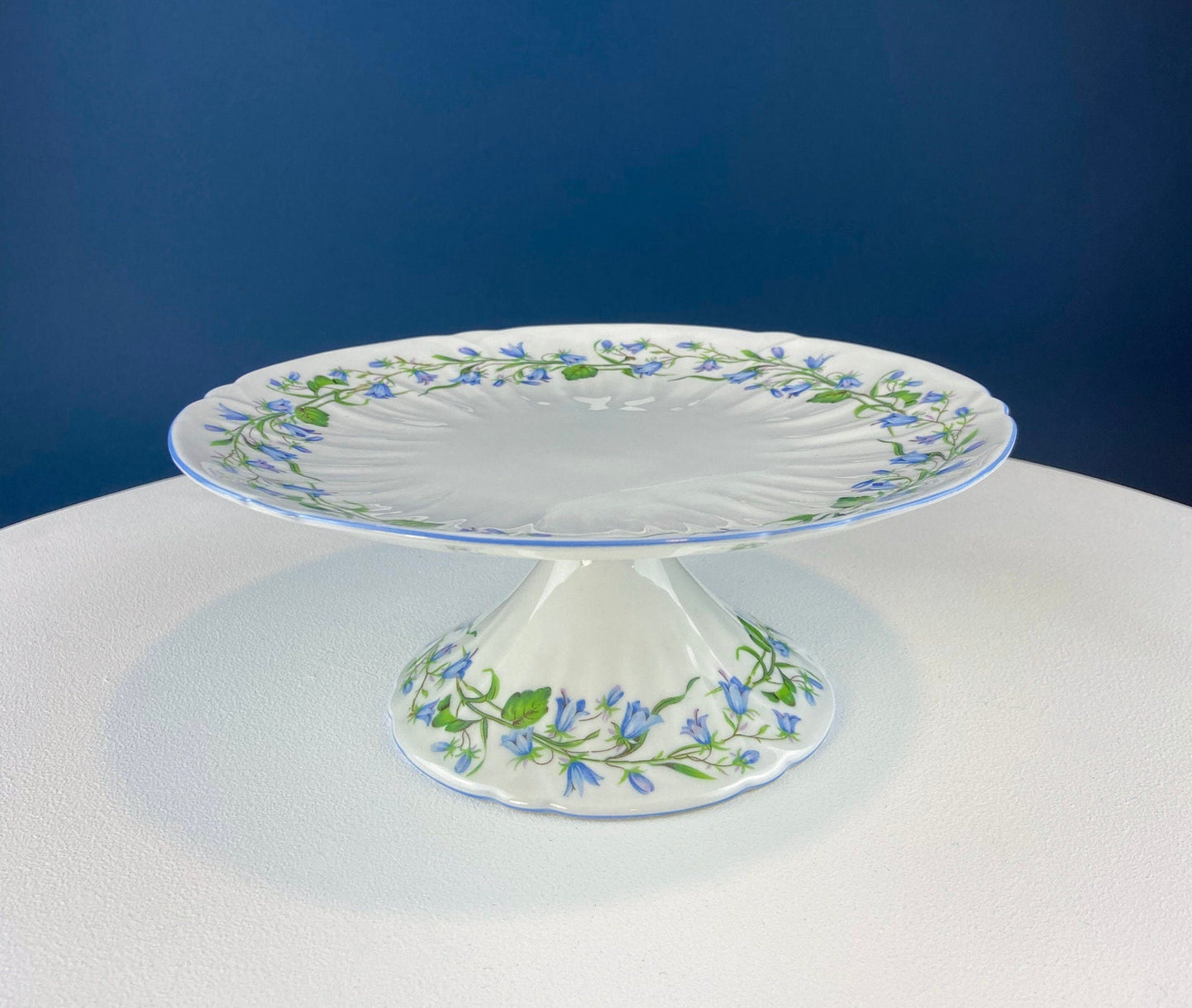 Vintage Shelley Footed Cake Stand. Hand Painted Porcelain Collectible Cake Serving Stand. Blue Bell Motif. Wedding Gift.