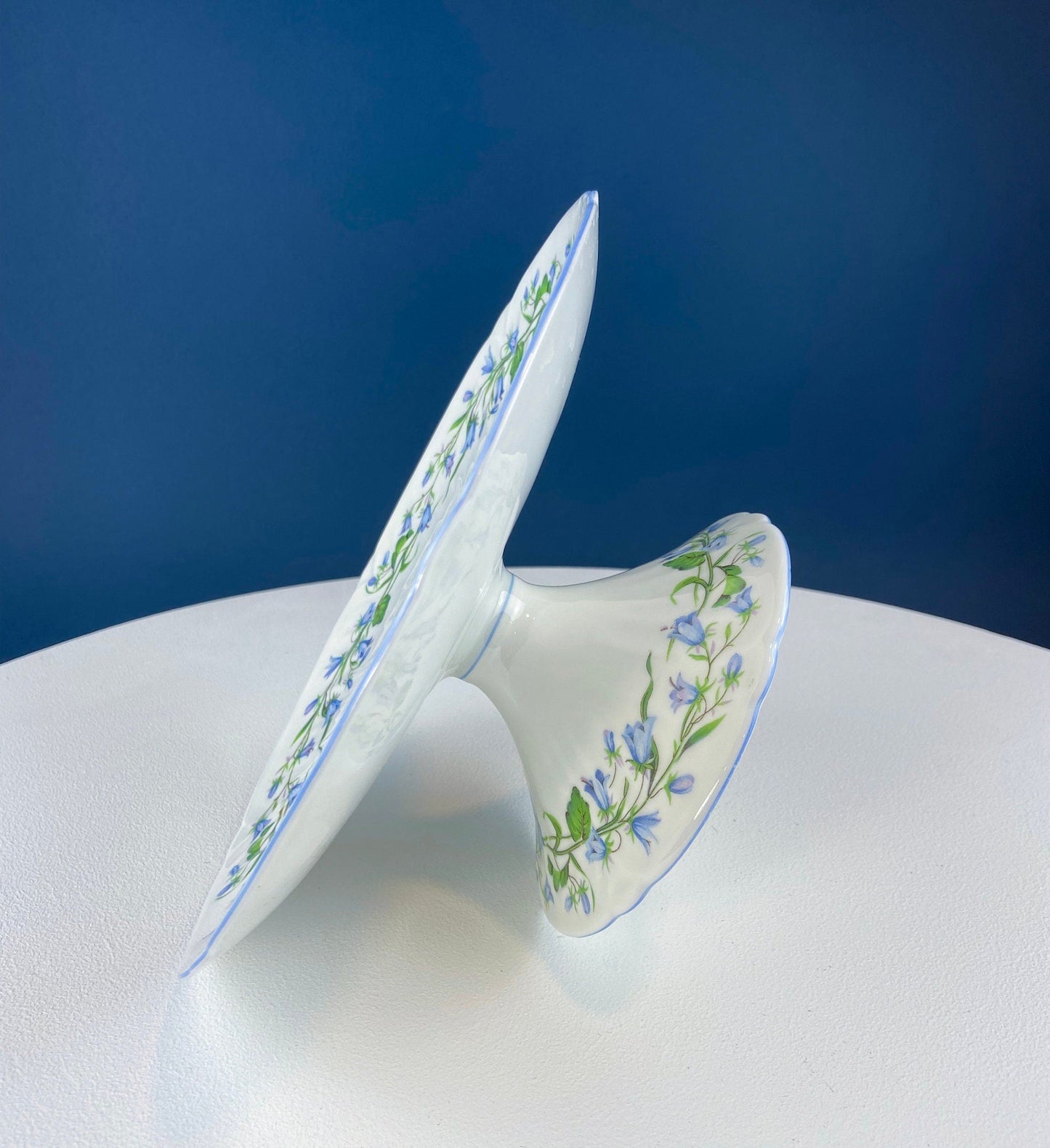 Vintage Shelley Footed Cake Stand. Hand Painted Porcelain Collectible Cake Serving Stand. Blue Bell Motif. Wedding Gift.